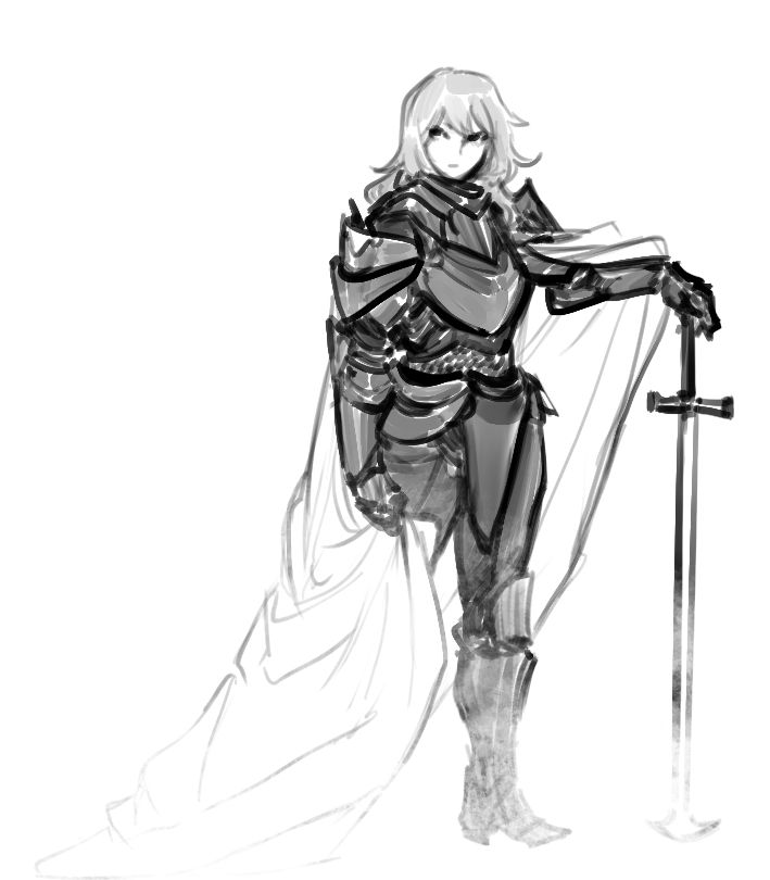 Drawing of a woman with long hair wearing a set of armor and long cape. One hand rests on the pommel of a tall sword while the other holds the hem of her cape in a bunch.