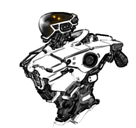Drawing of a mech head and torso, with sleek full face black visor and lights shining through underneath. 