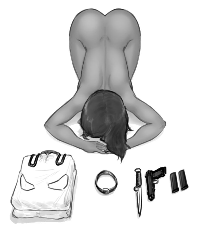 Drawing of a naked mech pilot Sroka performing a dogeza, with her pilot outfit, collar, knife, and pistol laid out before here.