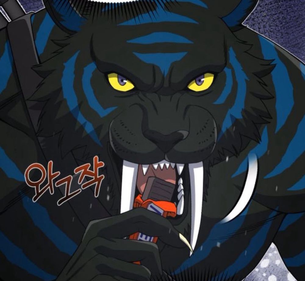 An anthro saber tooth tiger eats a legally distinct snickers bar, he has black fur and blue stripes