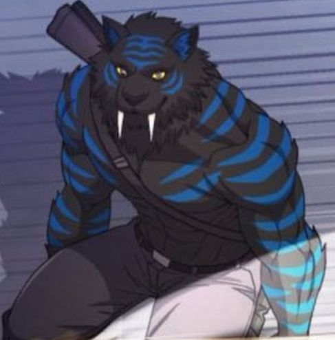 A zoomed in shot of an anthro saber tooth tiger crouching in the background, he has black fur and blue stripes, he appears fluffier than before