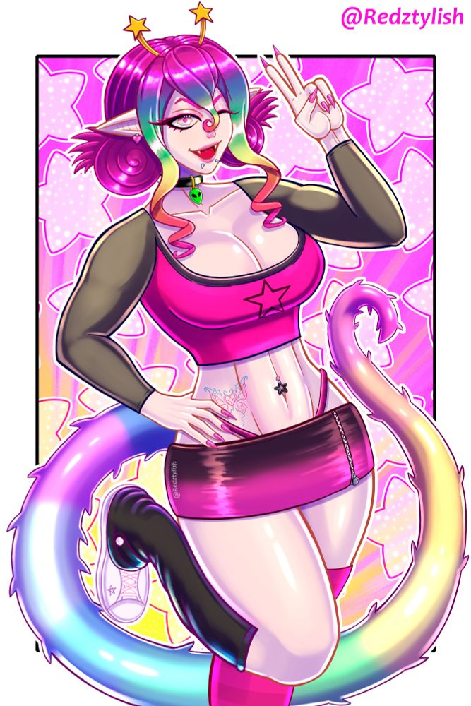 Yammy DTIYS: @yamyamyammy.bsky.social‬
A drawing of Yammy "OC". She's posing, bending her right leg halfway up while making a peace sign with her right hand. The background is a purple rectangle filled with sparkling stars.