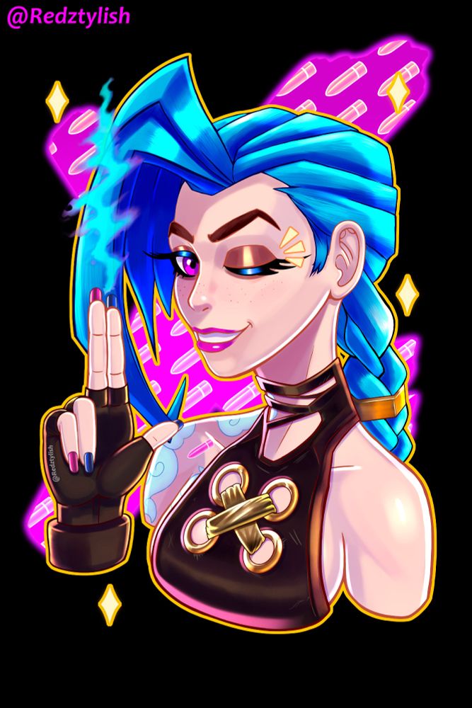 The beautiful "Jinx"! ;3
She's wearing her arcane costume while making a gun sign with her right hand, from which blue smoke rises after firing.
The background is a huge purple X and its interior is filled with bullets.
i hope you like it!!! ;3