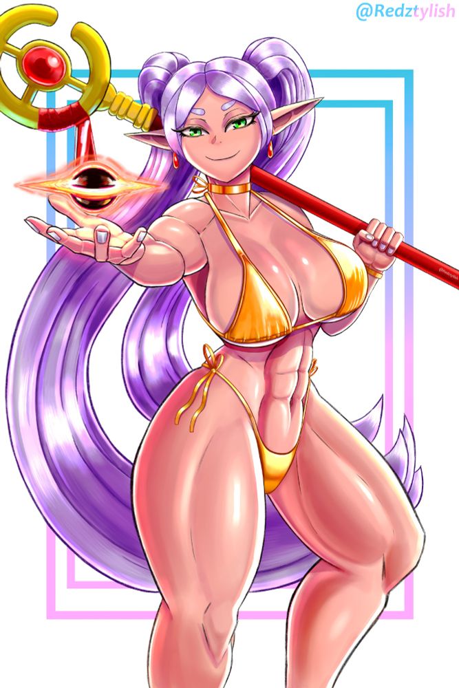 Golden Bikini Frieren! 
She's Casting a black hole with her right arm while she's holding her staff with her left arm! :3