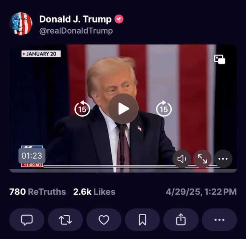 screenshot of trump post 4/29/25 - Video clips of Trump’s first 100 days in office.
