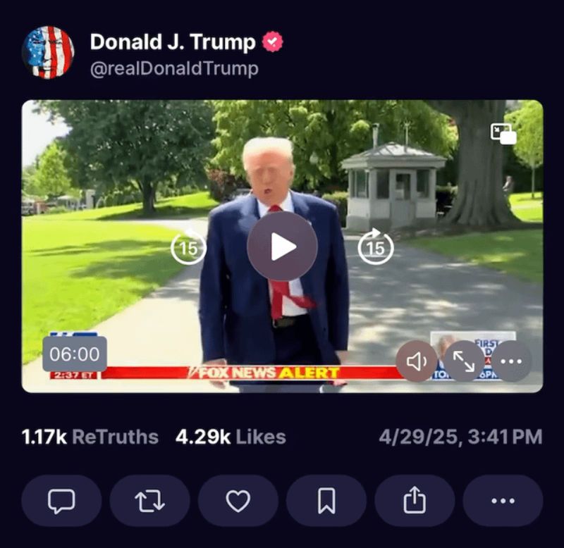 screenshot of trump post 4/29/25 - 6 minutes of Q&A with Donnie