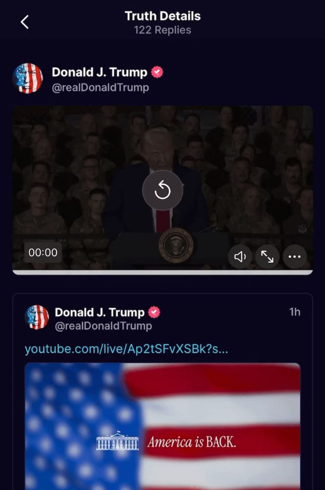 screenshot of trump post 4/29/25 - Trump struggling to read the base name he’s at for his 100 Day rally