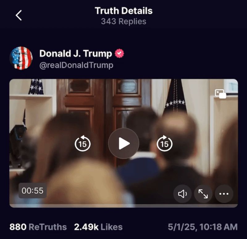 screenshot of trump post 5/1/25 - Another video from the companies announcing they are investing in U.S. manufacturing
