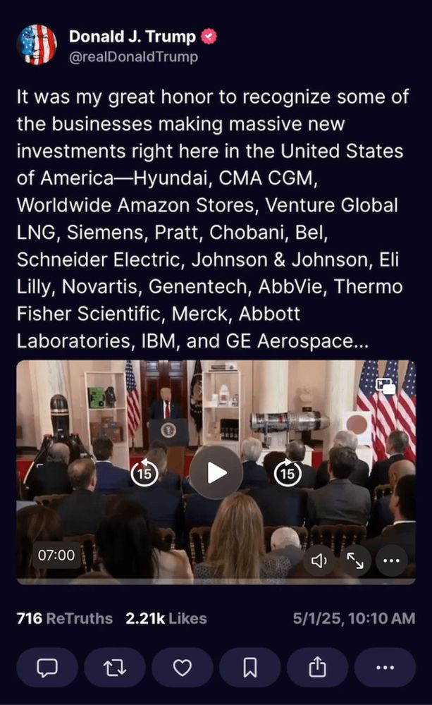 screenshot of trump post 5/1/25 - Identifying companies who are investing in U.S. manufacturing. Worth a watch for how he struggles to pronounce names