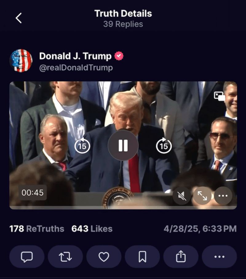 screenshot of trump post 4/28/25 - Trump hosts the 2025 Super Bowl Champions, the Philadelphia Eagles at the White House.