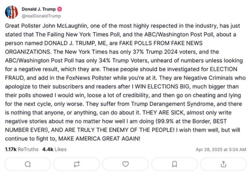 screenshot of trump post 4/28/25 - Watch out for all the fake polls out there created by Trump haters suffering from TDS