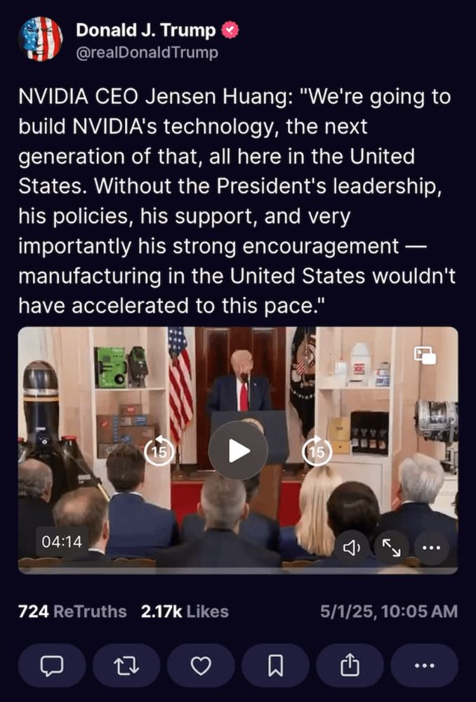 screenshot of trump post 5/1/25 - NVIDA CEO speaks on his companies investment into manufacturing in the U.S.