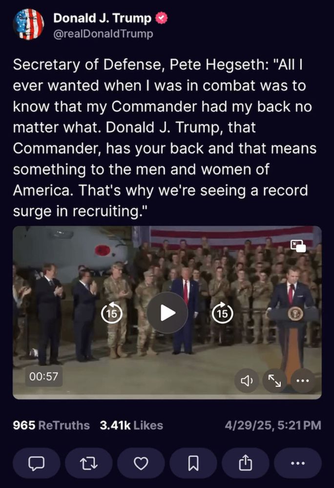 screenshot of trump post 4/29/25 - Pete Hegseth kissing the DJT ring