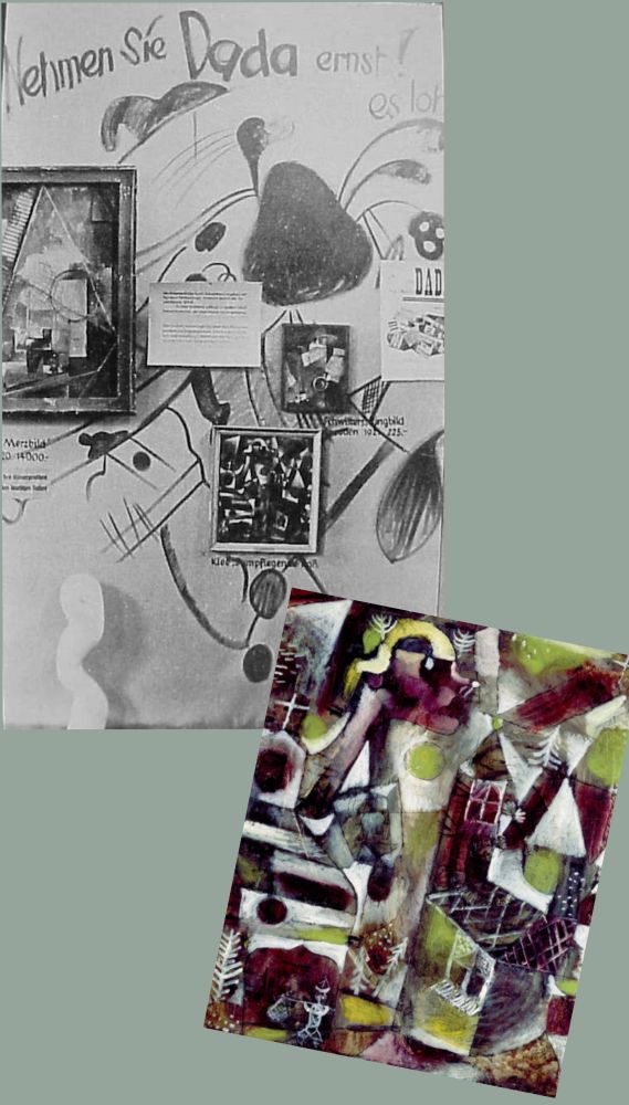 Collage: Oben links eine schwarz-weiß Fotografie der sog. "Dada-Wand" mit einer Wandbemalung vergrößerter Details von Kandinskys Werken wurden Bilder von Kurt Schwitters, Ausgaben der Dada-Zeitschrift und Paul Klees Sumpflegende von 1919. Unten rechts Paul Klees Sumpflegende: ein abstraktes Bild einer kosmischen Landschaft in rot, hellgrün, grau, schwarz und weiß. Nachweise von wiki commons folgen.