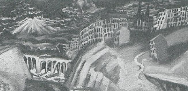 Neue Kunst : Katalog der II. Gesamtausstellung : August - September 1913, München: Hans Goltz, 1913 (München: C. Wolf & Sohn). Ausschnitt aus Ludwig Meidners Gemälde "An Alfred Mombert" ist schwarz-weiß abgedruckt und zeigt eine Stadtlandschaft an einer Schlucht. Nachweis von wiki commons folgt. 
