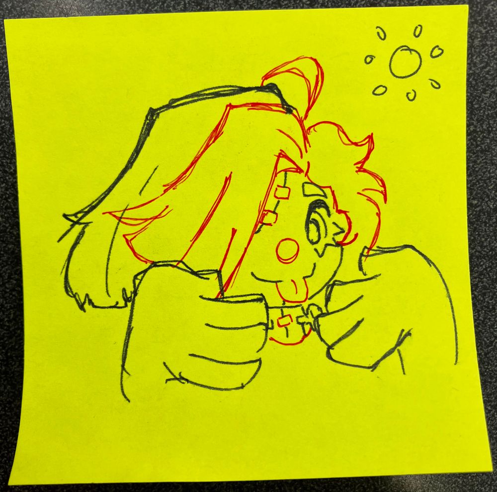 doodle of Sunney the clown done with red and black pens on a neon yellow sticky note.