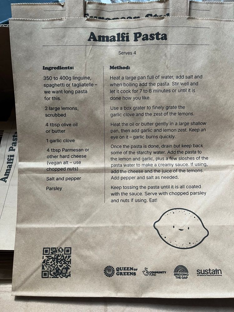 Brown paper bag depicting a recipe for amalfi lemon pasta