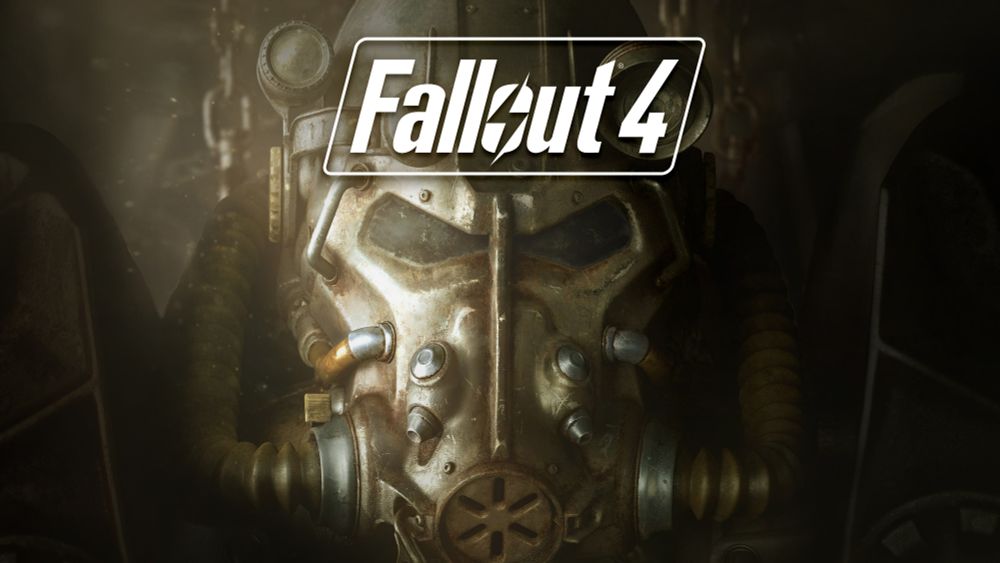Fallout 4 video game cover showing a power armor helmet. 