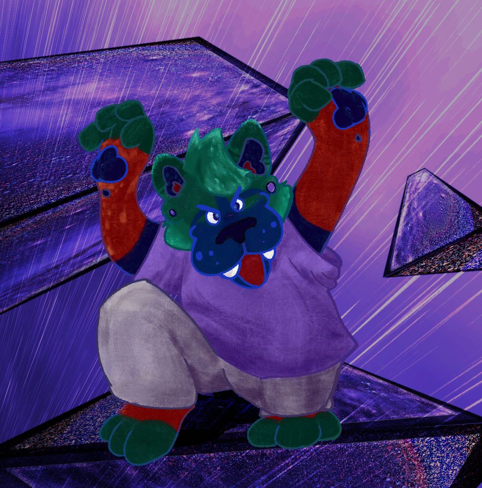 Theta the uh hold on lemme check my notes... Gobie's little canine dude. Yeah, let's go with that.
An anthro canine with red, green, and blue fur with dark blue beans! They're rockin' sweatpants and a purple shirt.

Had fun with Clipstudio Paint's material as a background.