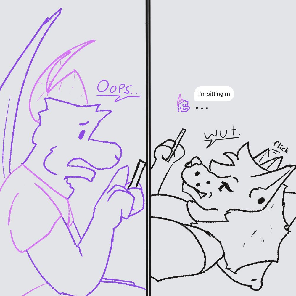Split frame showing both Gobie and Yori. Yori misspelled his text and gave a worried expression while in the toilet. 
Gobie is confused by Yori's response. She flicks her ear in jest.

Yori: Oops...

Text: I'm sitting rn
...

Gobie: wut.