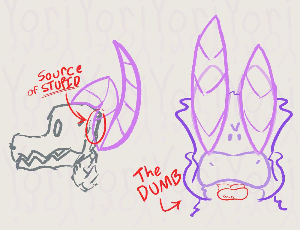 Left: YORI NAKED (not really). He's just a skull now, so to understand how his horns look fully, the horns are pressed onto his skull. He should be fine. It's the source of his stupid!

Right: HIS FACE IS ON THE BACK OF HIS HEAD. His head's just see-through and his tongue is there ig... gross