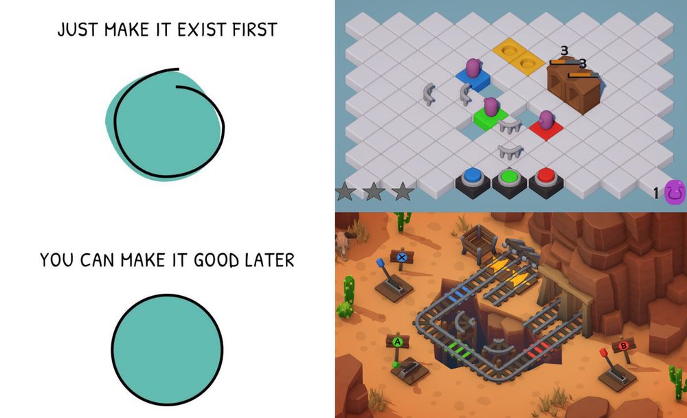 A meme template "Make it exist first, you can make it good later" showing a comparison between a prototype level and a finished level layout