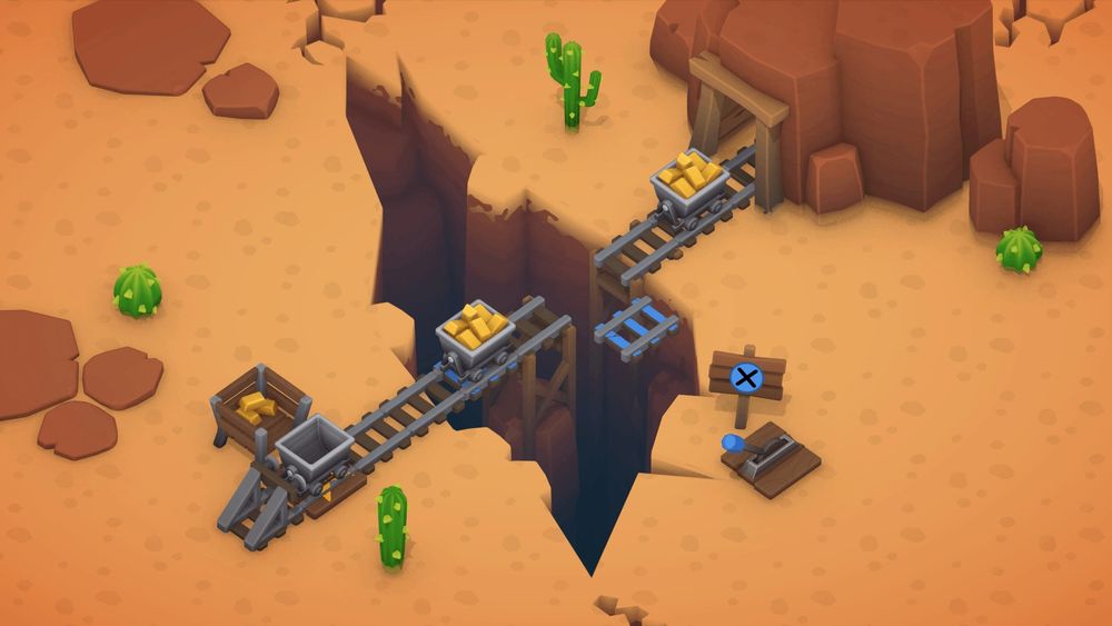 An old screenshot from my game SwitchTrack, showing a rail with mine carts on it.