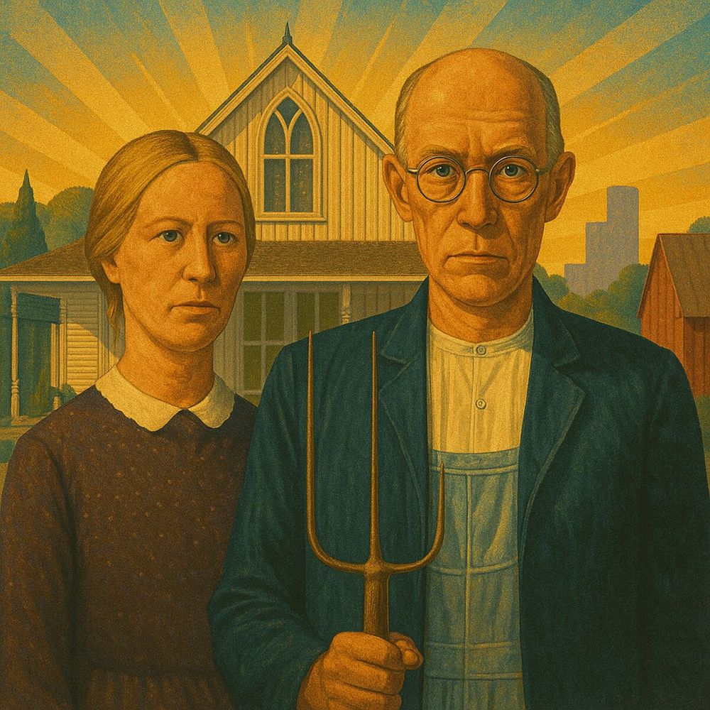 Stylized poster adaptation of Grant Wood’s “American Gothic” (1930): the iconic farmer and woman with a pitchfork before a Carpenter Gothic house, rendered in bold, graphic tones.