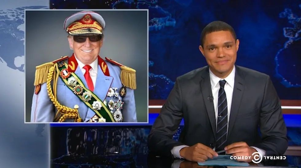 screenshot of The Daily Show with Trevor Noah, with a picture of Trump doctored to make him look like an African dictator.