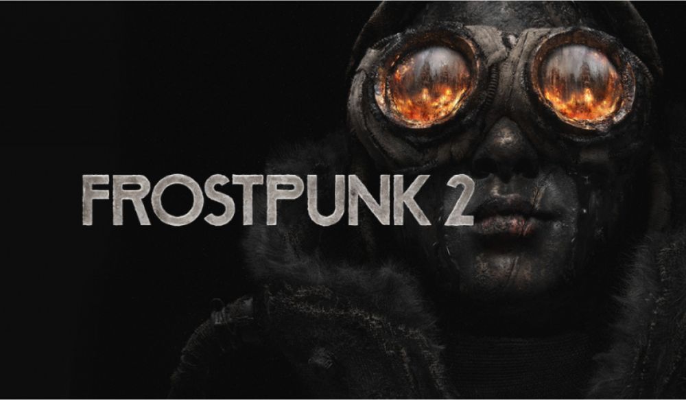A promotional image for the game "Frostpunk, 2" featuring dark tones and stylized text against a cold, atmospheric background. 