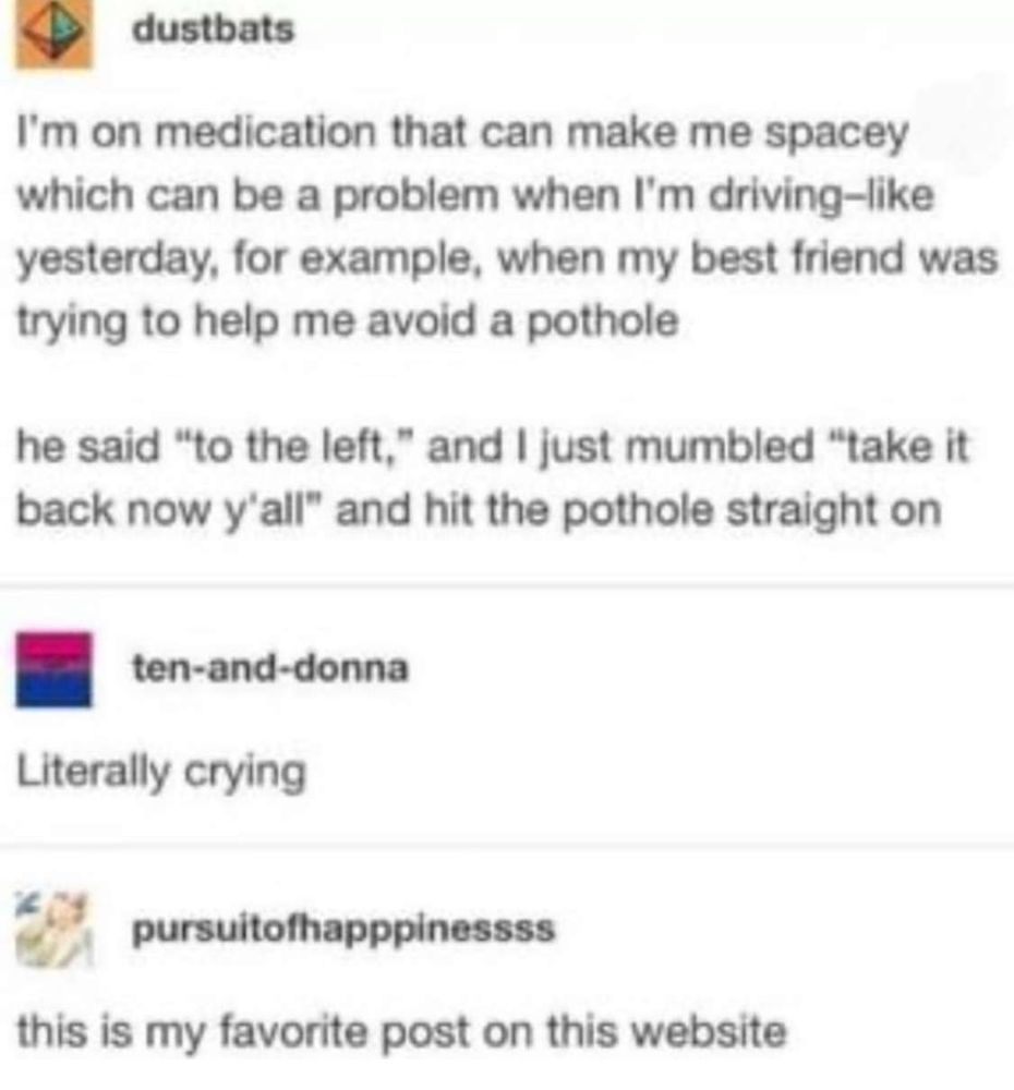 Tumblr post, user "dustbats" writes:
I'm on medication that can make me spacey which can be a problem when I'm driving - like yesterday, for example, when my best friend was trying to help me avoid a pothole

he said "to the left", and I just mumbled "take it back now y'all" and hit the pothole straight on