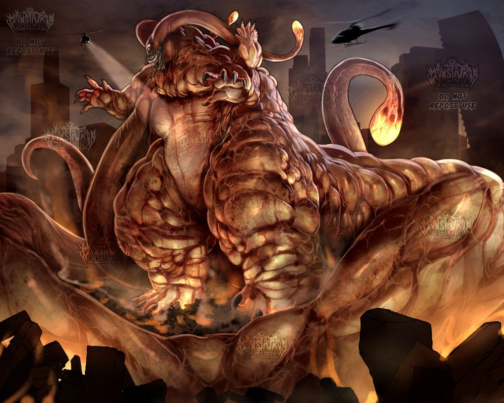 A massive sore-covered kaiju destroys a city.