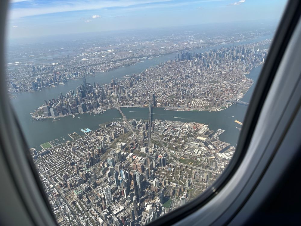 Lower Manhattan and downtown Brooklyn from out the window of a plane