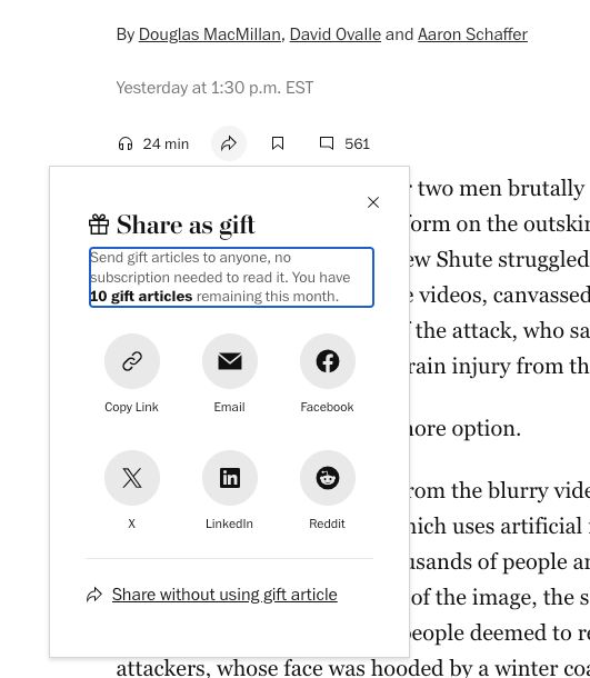 screenshot of the share as a gift option in the washington post 
