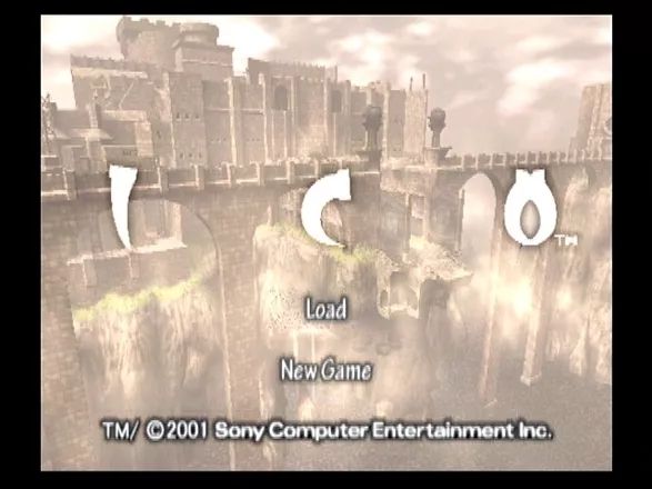 Ico title screen. Ico in centre screen in big separate font, in front of a giant castle and tall columned bridge. The scene is very foggy and dreamy.