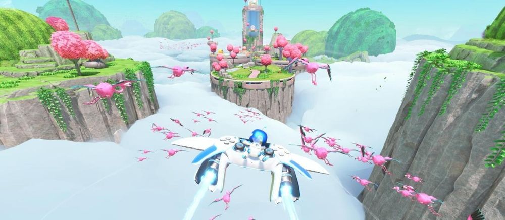Astro bot flying on his ship surrounded by flamingos atop islands in a sea of mist