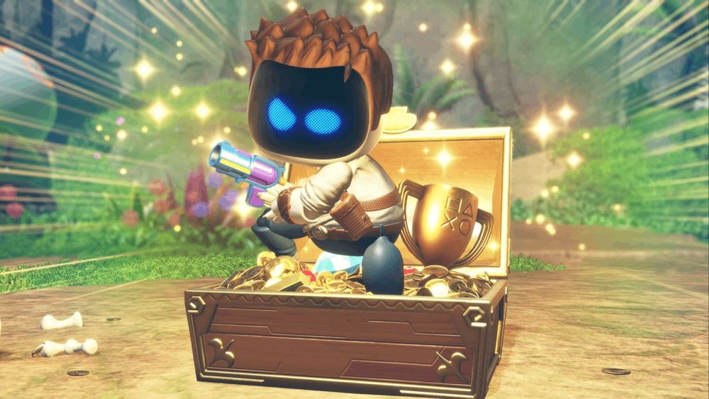 Uncharted-like astro bot coming out of a chest bursting at the seams with gold and trophies 