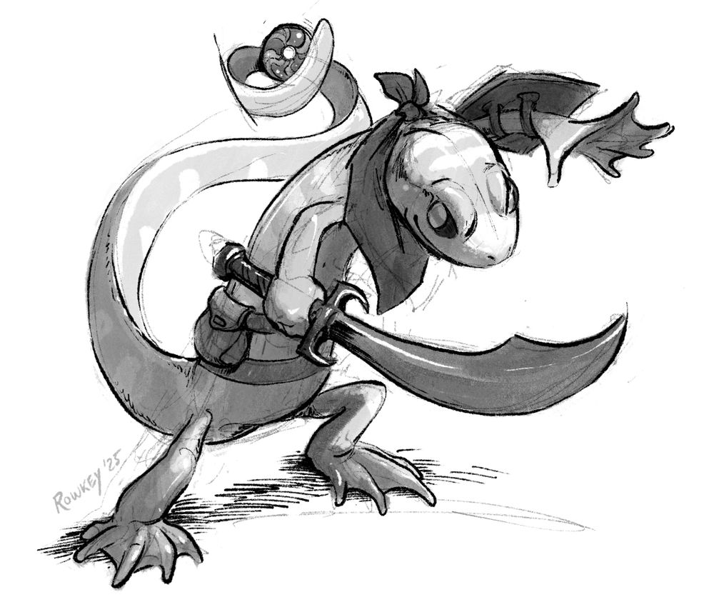 Digital sketch of an anthropomorphic newt character with a scimitar and buckler, looking ready to fight!