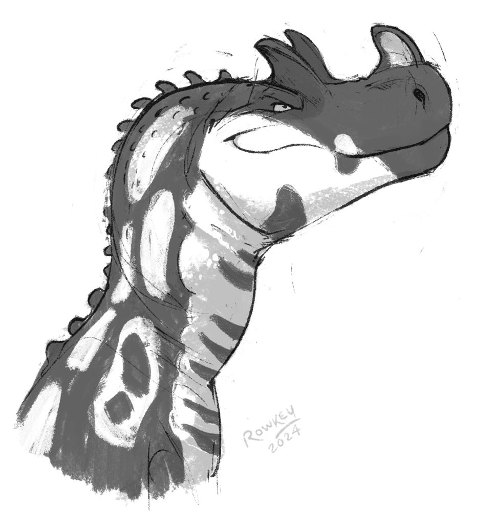 grayscale sketch of a slightly toony, spotty, ceratosaurus character looking mischievous