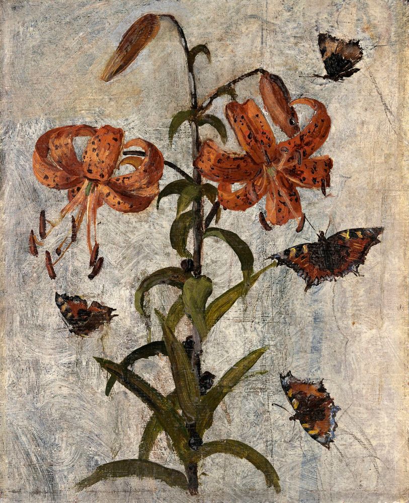 Painting by Nathaniel Hone of a stem of Orange Lies with Butterflies flying around it