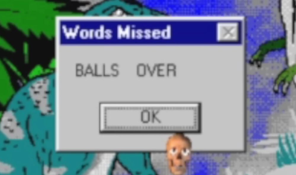 A computer error message that says "BALLS OVER"
