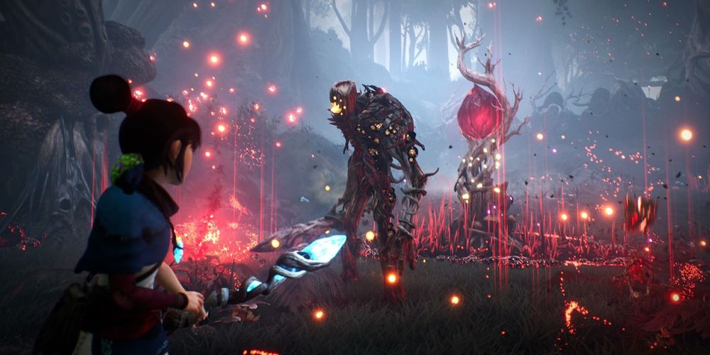 A scene from Kena: Bridge of Spirits featuring Kena, a young spirit guide with a glowing blue crystal staff, facing off against a large, menacing boss made of corrupted wood and glowing orange cores. The environment is a mystical forest shrouded in mist and red corruption, with glowing red particles and spores floating in the air. The corrupted creature looms threateningly in front of a pulsating red growth, emphasizing the battle’s intensity and the magical, eerie atmosphere.