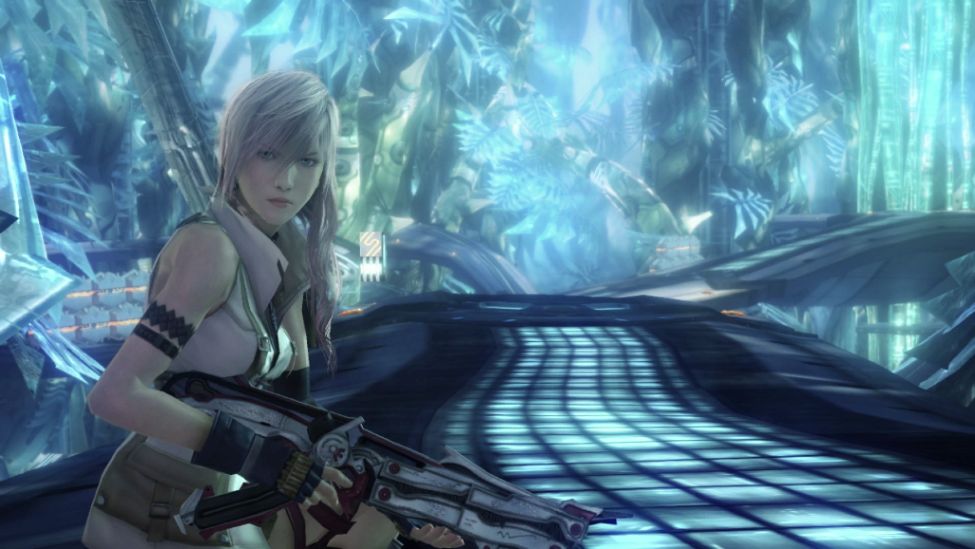 A scene from Final Fantasy XIII featuring Lightning, a woman with long pink hair and a determined expression, holding a futuristic gunblade. She stands on a glowing blue platform in an ethereal, crystalline environment filled with bioluminescent plant-like structures and metallic surfaces. The atmosphere is otherworldly, bathed in cool tones of blue and teal, evoking a sense of high-tech mysticism.