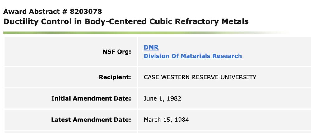 The listing of a 1982 to 1984 grant to Case Western Reserve from the NSF Division of Materials Research. Research title is Ductility Control in BCC Refractory Metals