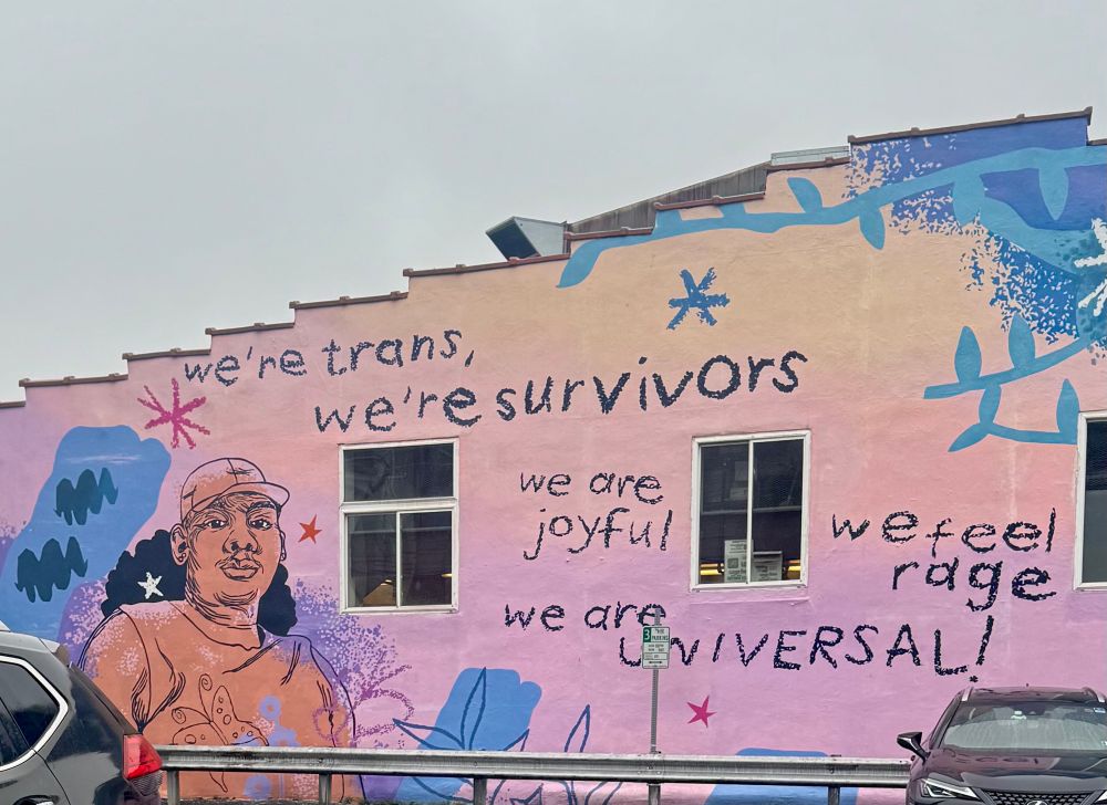 A blue & pink wall painting “we’re trans, we’re survivors . . .