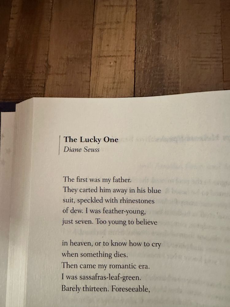The image shows a part of the poem The Lucky One by Diane Seuss: 
The first was my father.
They carted him away in his blue
suit, speckled with rhinestones
of dew. I was feather-young,
just seven. Too young to believe

in heaven, or to know how to cry
when something dies:
Then came my romantic era.
I was sassafras-leaf-green.
Barely thirteen. Foreseeable.
