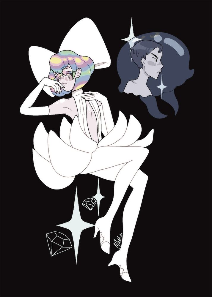 A drawing of Diamond and Bort from the manga Land of the Lustrous (or Houseki no Kuni). Diamond is laid down sensually on the left side of the drawing. They have short rainbow multicolored hair with a comically large white box behind their head. They wear a white dress that reveals their shoulders and their midriff. The dress ends up in an extremely puffy skirt that resembles lotus flower petals. They wear white heels and long white gloves. They are looking at the viewer, smiling mischievously with their head tilted to their right side, one hand positioned near their face as the other hand rests above their chest. Below them are two small decorative diamonds.
Bort's side profile is visible next to Dia, facing the other way. Their reflection can be seen inside an Aurelia jellyfish. They appear blue inside the jellyfish, but they have porcelain white skin and very short pitch black hair. They look serious.