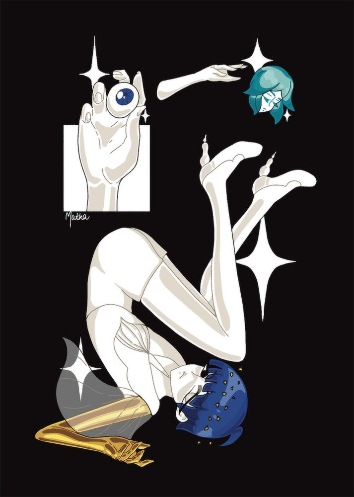 A drawing of Phosphophylite from the manga "Land of the Lustrous" or "Houseki no Kuni" as they appear after the Moon arc. They are sitting backwards with their legs up in the air. They have a very thin figure clad in white formal clothes. Their skin is porcelain white. They have short blue hair with golden chips on it. Their arm is entirely golden. Above them is a close up plan of a hand in a white box, it's holding a blue eyeball. Besides that hand is an arm reaching for Phosphophylite's old head. It had short hair and mint-colored hair, akin to the gem they are named after.