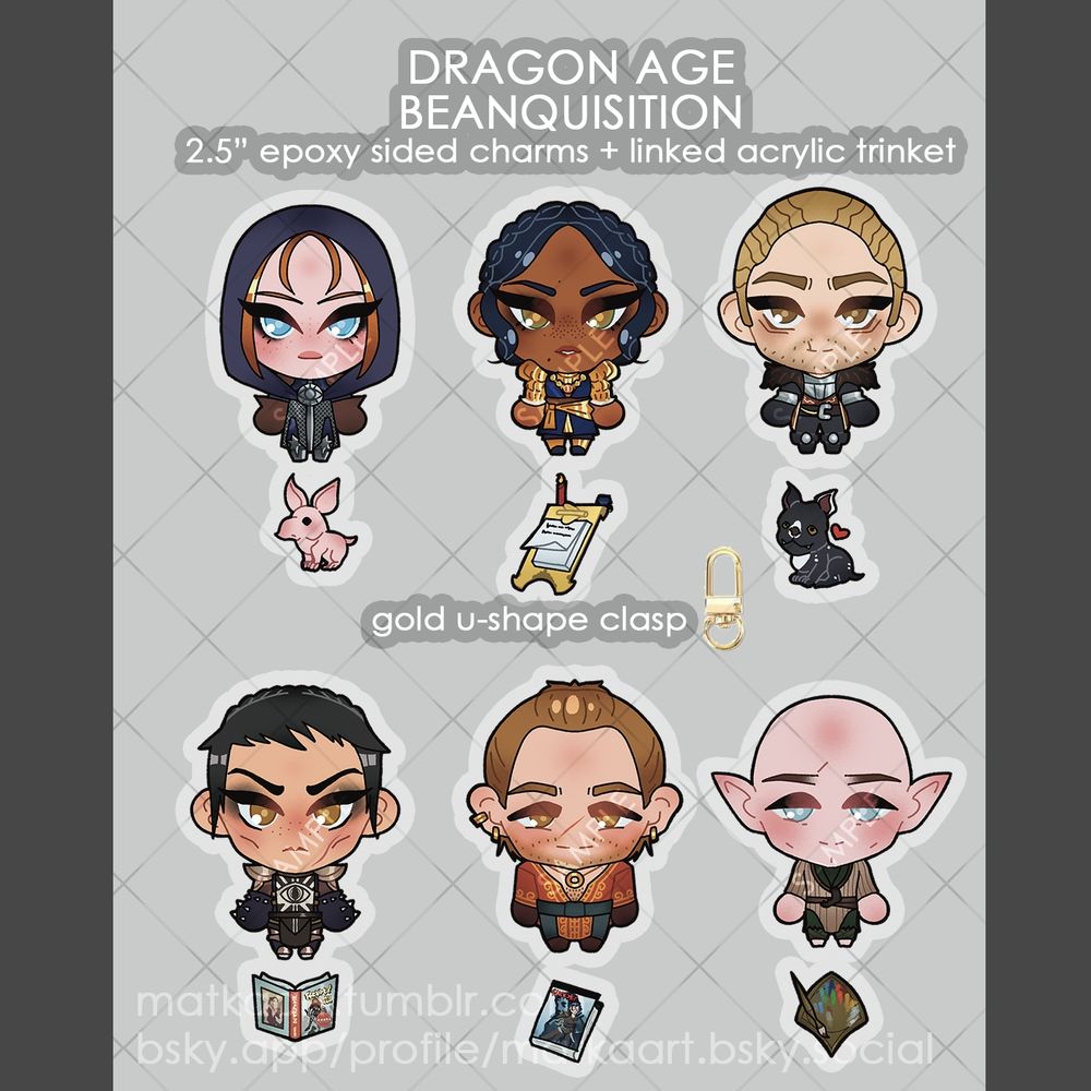 Simplified "chibi" versions of characters from Dragon Age Inquistion that I drew alongside some representative trinkets for each of them. The top row features: Leliana, a pale white ginger-haired spy with a hood on and her pet nug (fictional hairless rodents); Josephine Montilyet, a diplomat with dark skin and elegant ruffled clothing and her fancy clipboard; Cullen Rutherford, a white soldier man with blonde hair and slight facial hair with his black and white dog. The bottom row features: Cassandra Pentaghast, a cold looking soldier woman with short black hair and her favourite romance novel; Varric Tethras, a dwarven white man with strawberry blonde hair and slight facial hair and his best-selling novel; Solas, a bald white elf with simple clothing and one of the paint palettes he uses to paint murals throughout the story.
