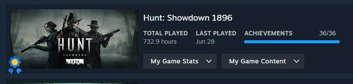 screenshot of steam profile view showing the game hunt showdown 1896 with 732 hours played and all achievements complete